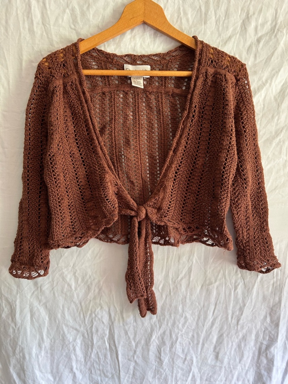Vintage Crochet Whimsigoth Boho 
Brown Open Knit Tie Front Cardigan